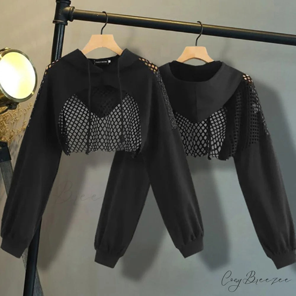 Women’s Mesh with Out Hoodie Black Crop Top Hollow Patchwork