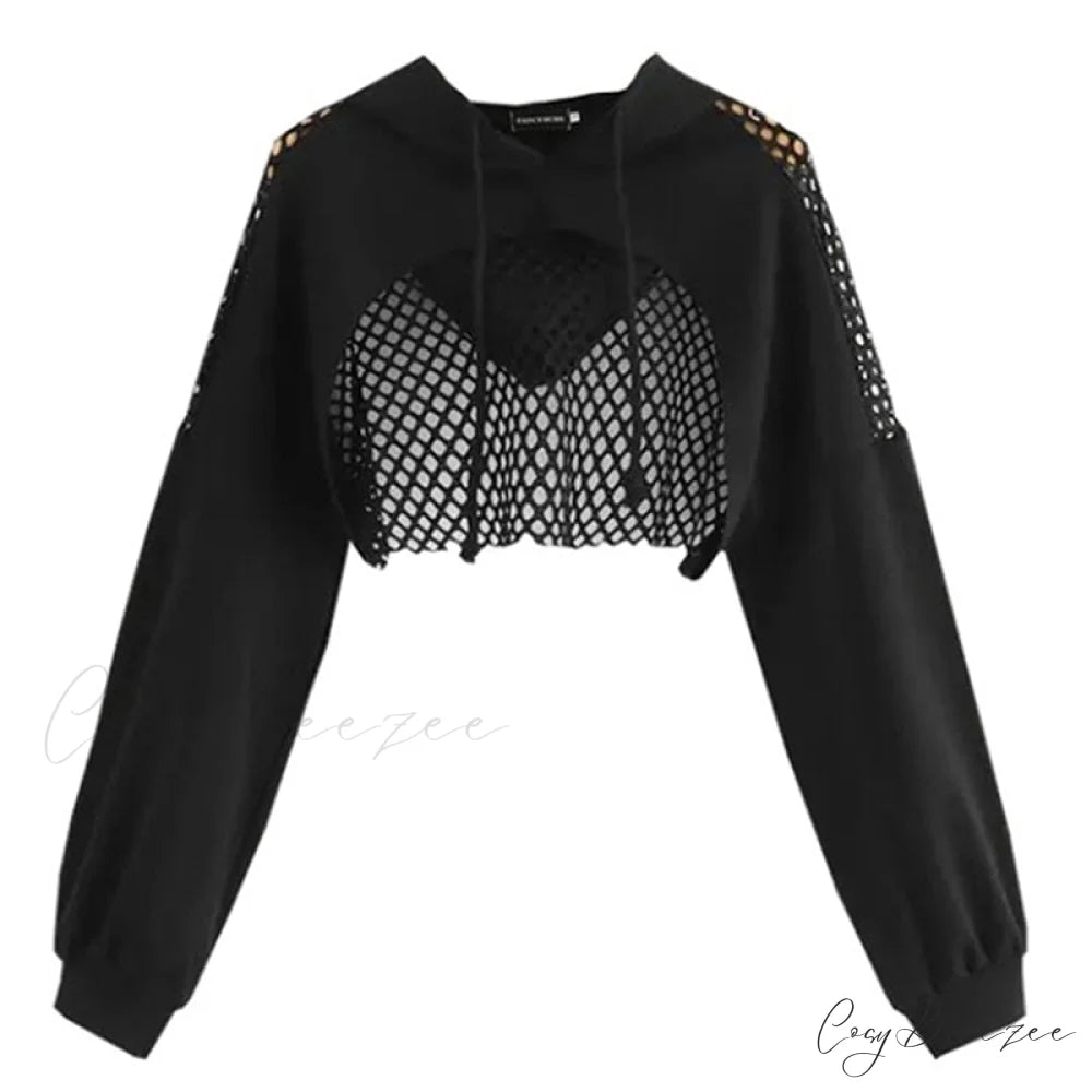 Women’s Mesh with Out Hoodie Black Crop Top Hollow Patchwork