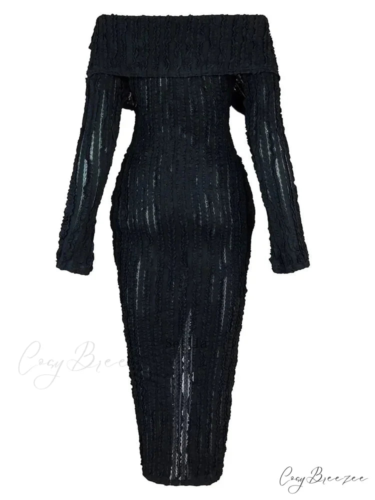 Women’s Pleated Off Shoulder See-Through Fitted Ruched Party Night Sexy Midi Dress