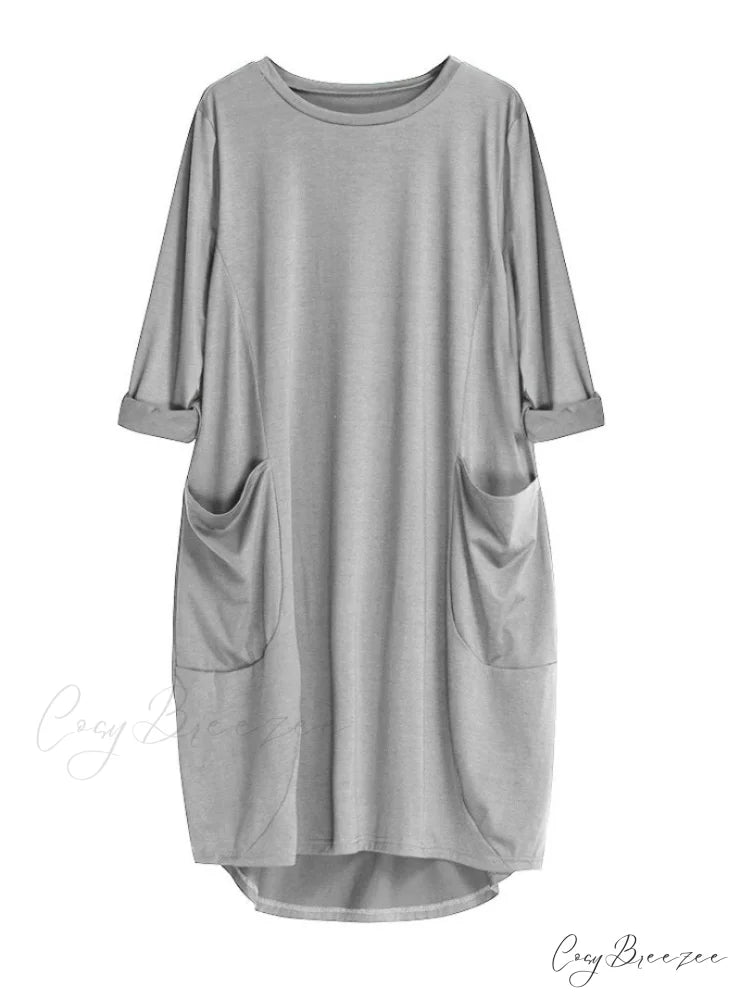 Womens Pocket Loose Dress Crew Neck S / Burgundy
