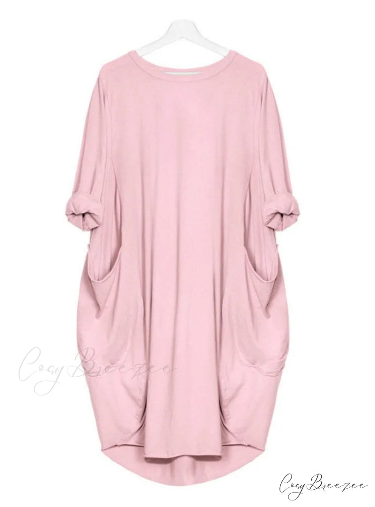 Womens Pocket Loose Dress Crew Neck S / Pink