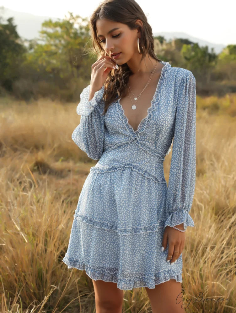 Women’s Ruffles Chiffon Boho V-neck Mini Beach Dress with Long Lantern Sleeves M / BLUE