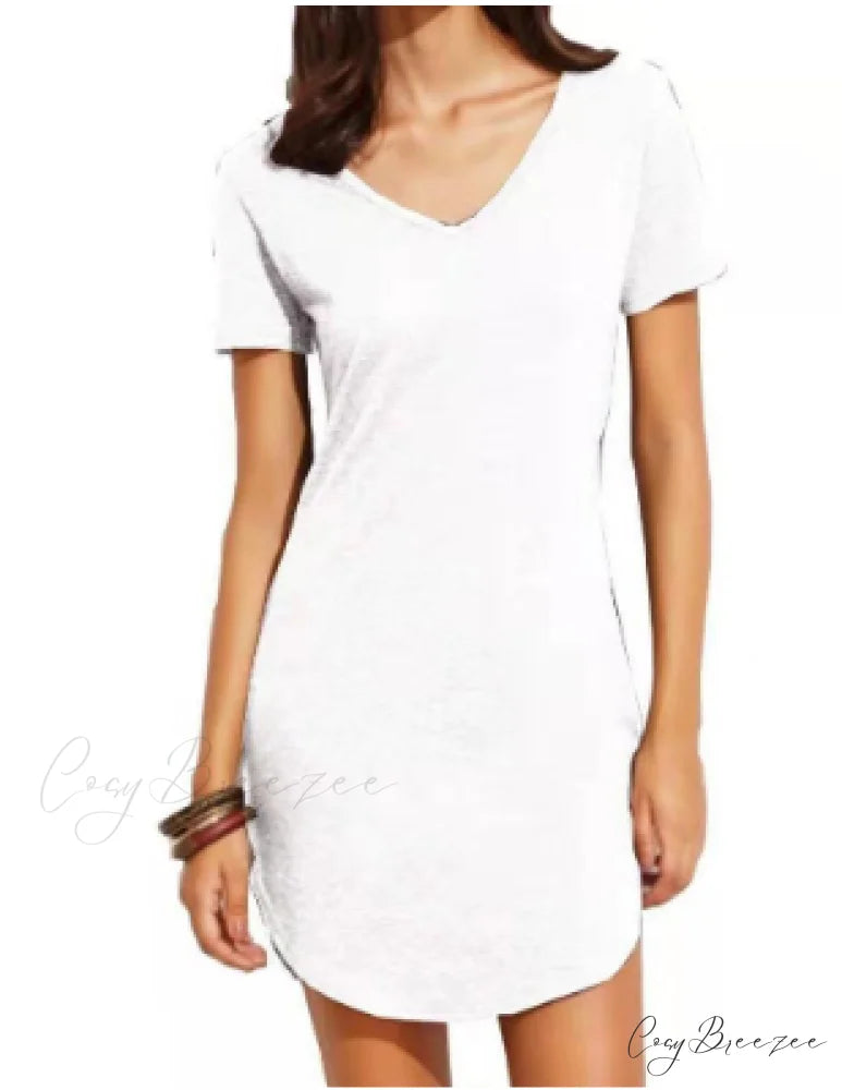 Women’s Short Sleeved V-Neck Solid Loose Dress S / WHITE