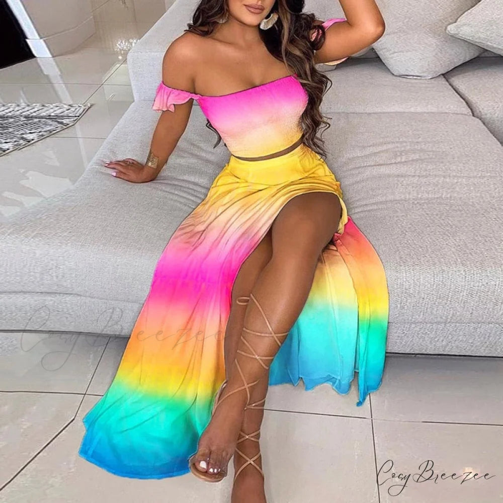 Women’s Slash and - Long Warm-Season Top Slit Piece Spring with Shoulder Neck Set Two Off Flowered Party Gown Design