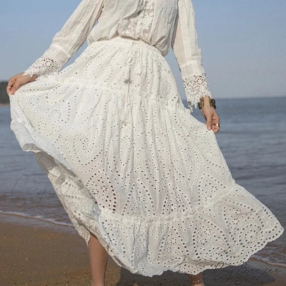 Women’s Summer Cotton Full Lace Midi Skirt A-line Boho Vacation skirt-250126