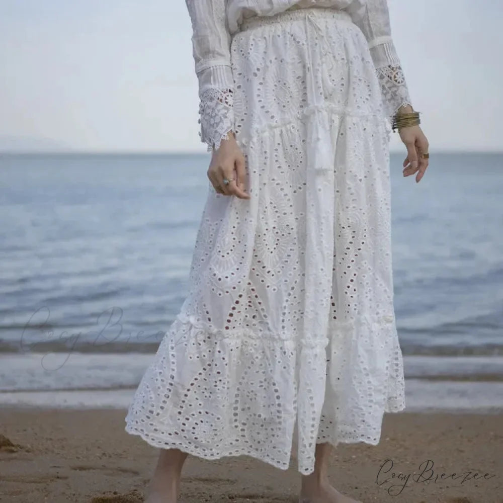 Women’s Summer Cotton Full Lace Midi Skirt A-line Boho Vacation skirt-250126