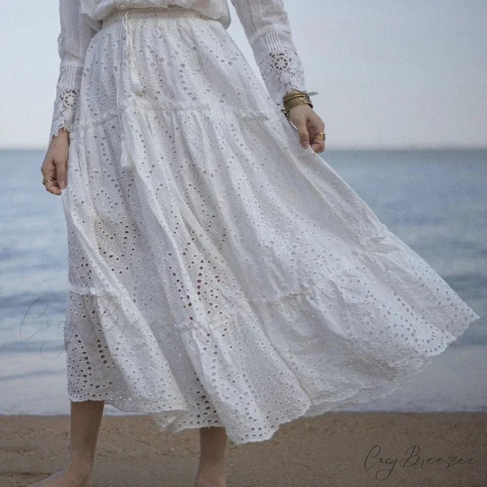 Women’s Summer Cotton Full Lace Midi Skirt A-line Boho Vacation skirt-250126