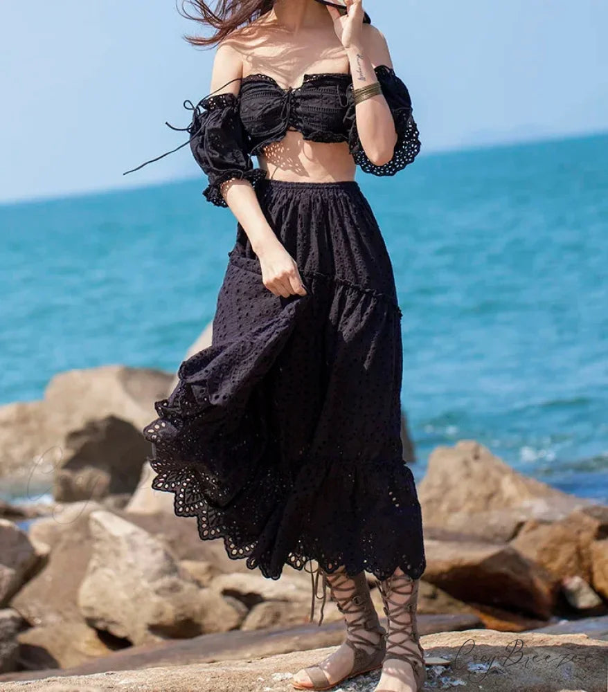 Women’s Summer Cotton Full Lace Midi Skirt A-line Boho Vacation Black / S skirt-250126