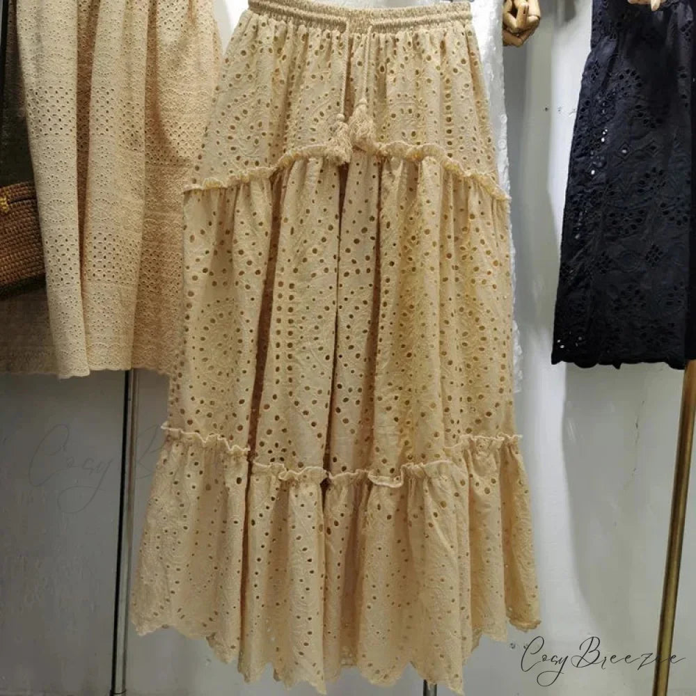 Women’s Summer Cotton Full Lace Midi Skirt A-line Boho Vacation Khaki / S skirt-250126