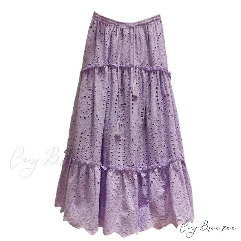 Women’s Summer Cotton Full Lace Midi Skirt A-line Boho Vacation Lavender / S skirt-250126