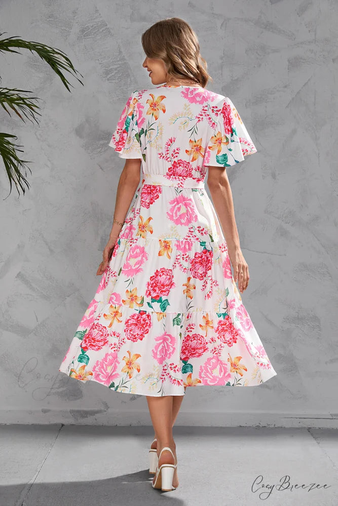 Women’s Summer Floral V-Neck Short Sleeve Dress with Belt - Chiffon Mid-Length Boho Beach Sundress M / BLACK