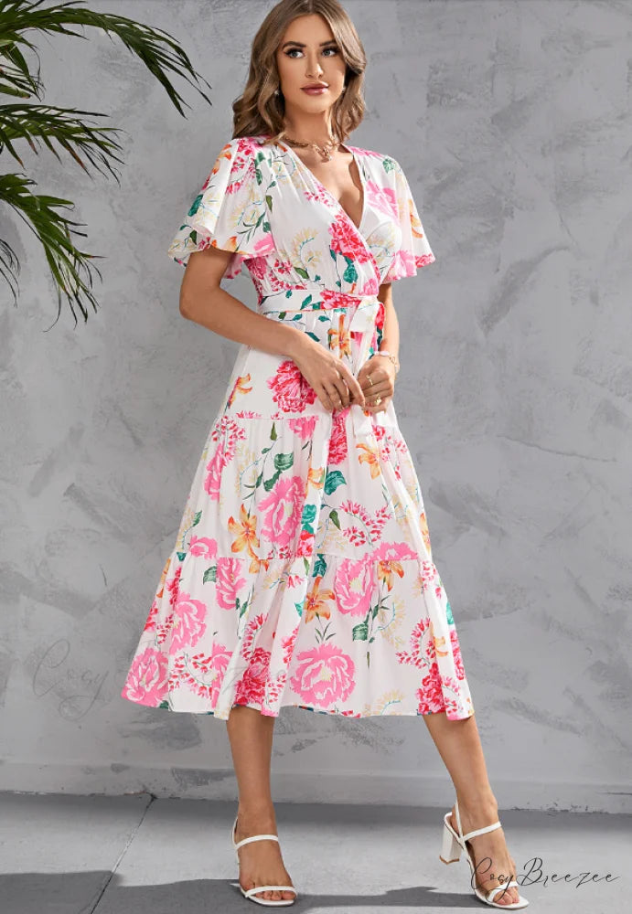 Women’s Summer Floral V-Neck Short Sleeve Dress with Belt - Chiffon Mid-Length Boho Beach Sundress S / YELLOW