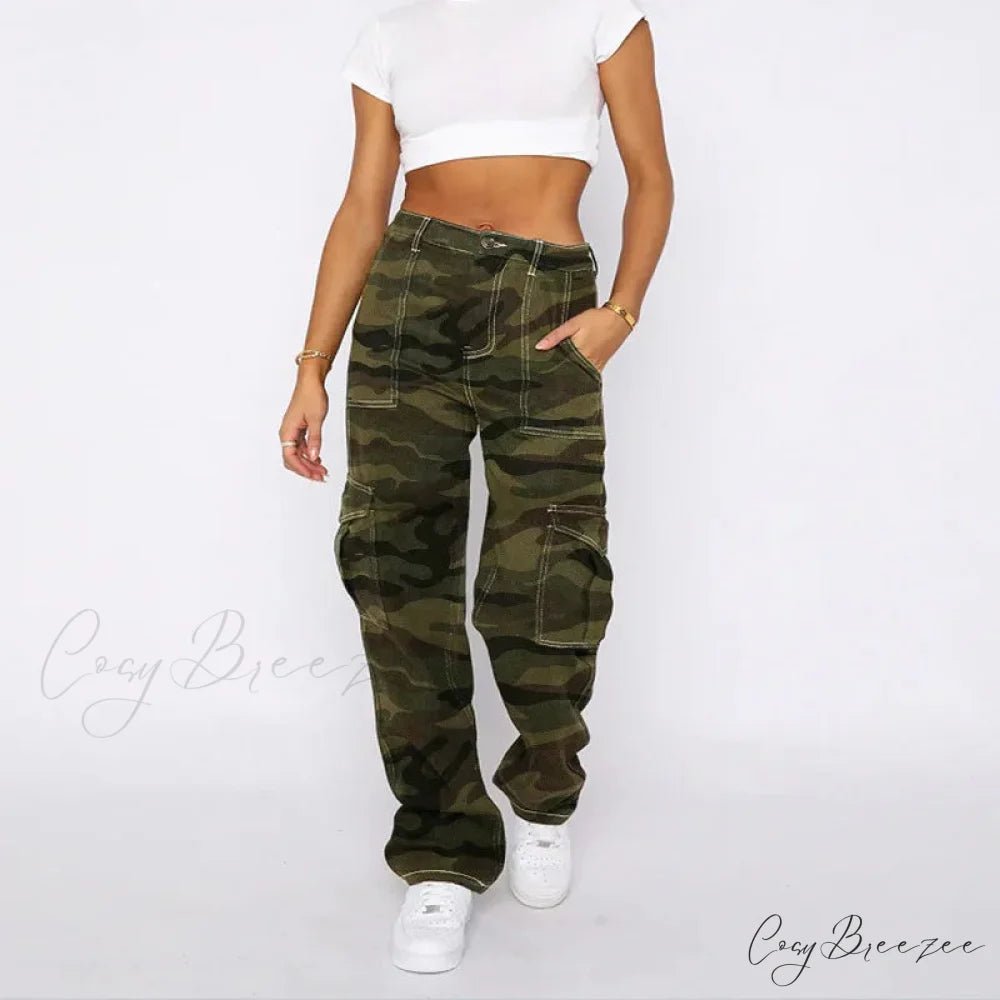 Womens Vintage Baggy Cargo Casual Fashion Multiple Pockets Mom Hip Hop Street Style Wide Leg Jean Green / S