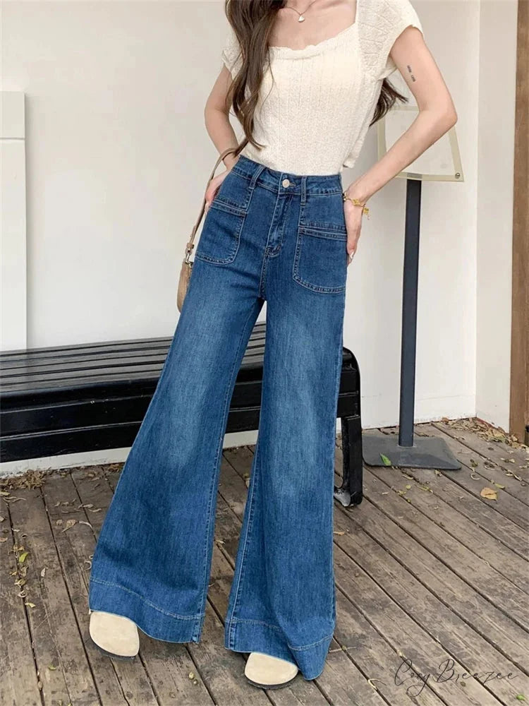 Women’s Vintage Style Micro Flared Street Girl Bottoms High Waisted Pant Female Fashion Blue Denim Wide Leg Jeans
