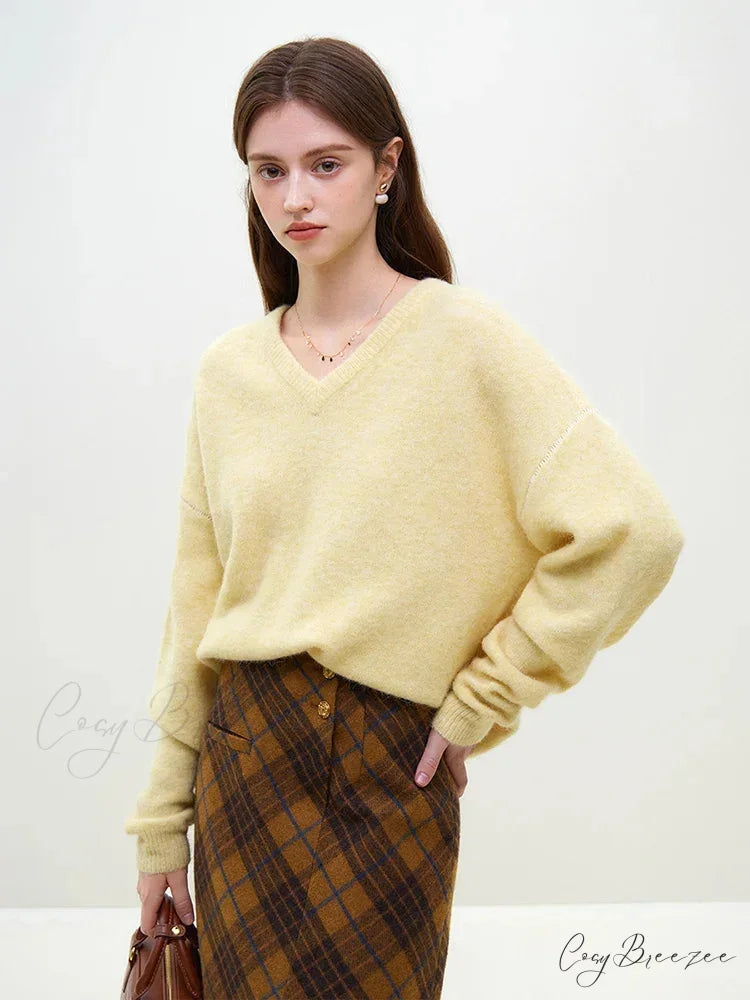 Wool Alpaca V-neck Drop Sleeve Sweater Yellow / S swraters-241228