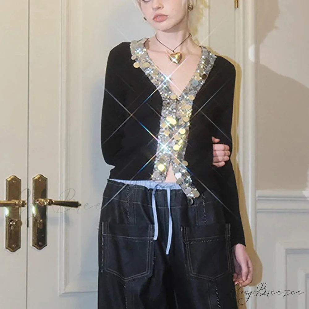 Wool Blend Colorful Sequin V-neck Cardigan