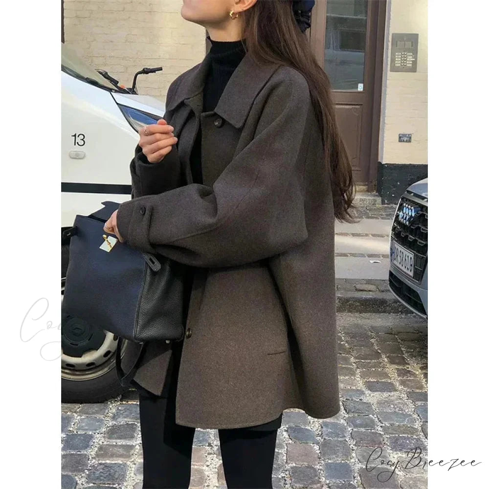 Wool Blends Vintage Korean Streetwear Coat Brown / One Size overcoats-241228