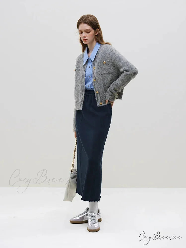 Wool Button Short Knitted Cardigan GRAY / S