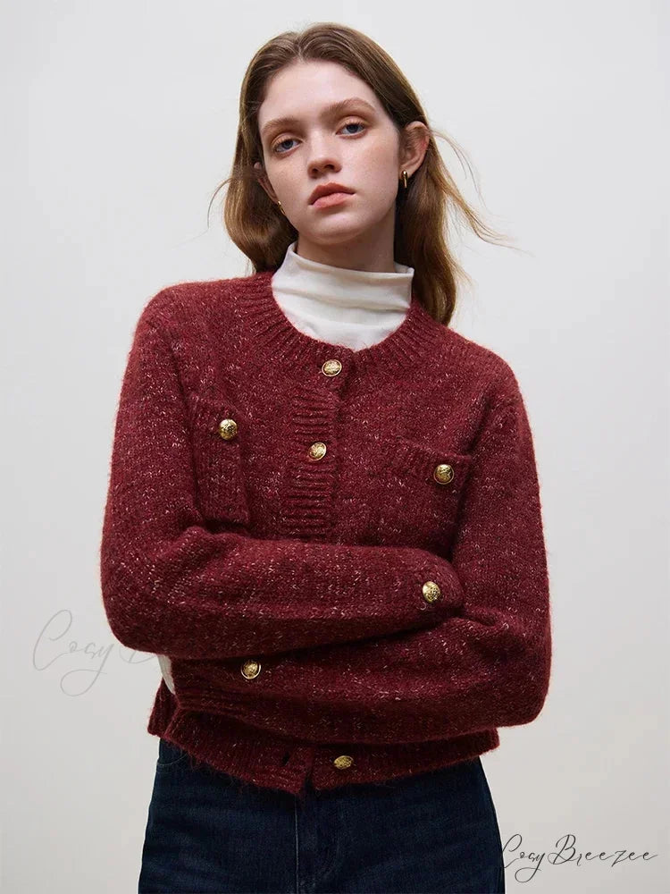 Wool Button Short Knitted Cardigan Maroon / S