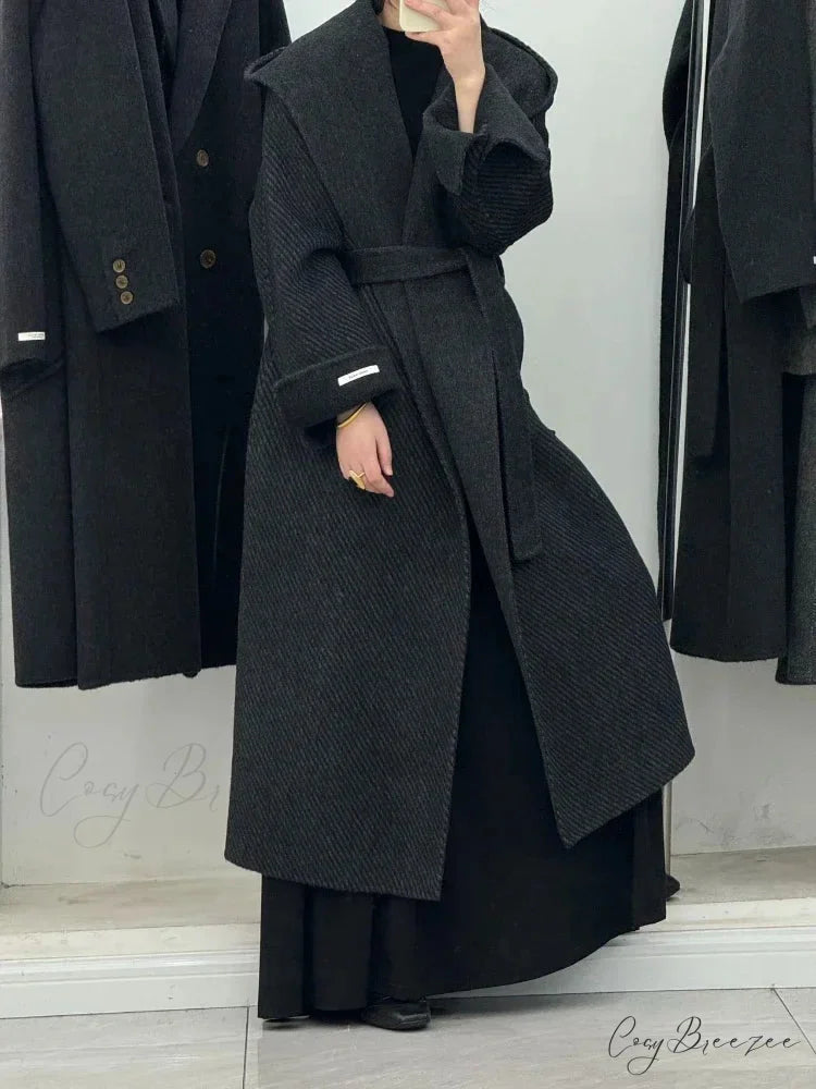 Wool Hooded Office Lady Cashmere Coat Black / S overcoats-241228
