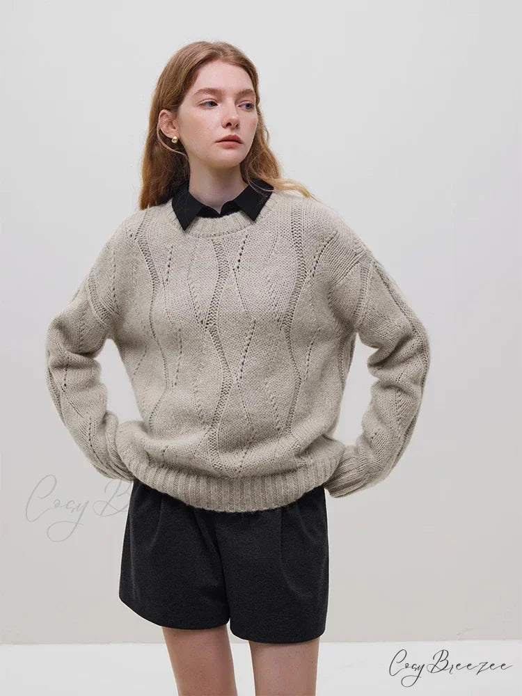 Wool Mohair Hollow Out Drop Sleeve Sweater Oatmeal color / S swraters-241228