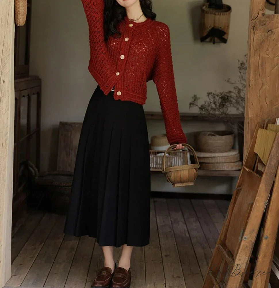 Wool Yarn Vintage Hollow Cardigan Retro red / One Size