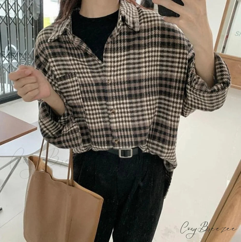 Woolen Blouse Women’s Ropa Arm Top Plaid Blouse Coat Long De Thickened Mujer S / 09-black