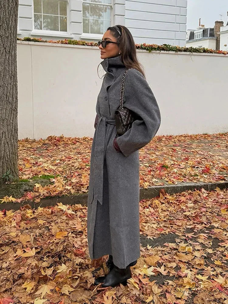 Woolen Lapel Belted Full Sleeve Coat overcoats-241228