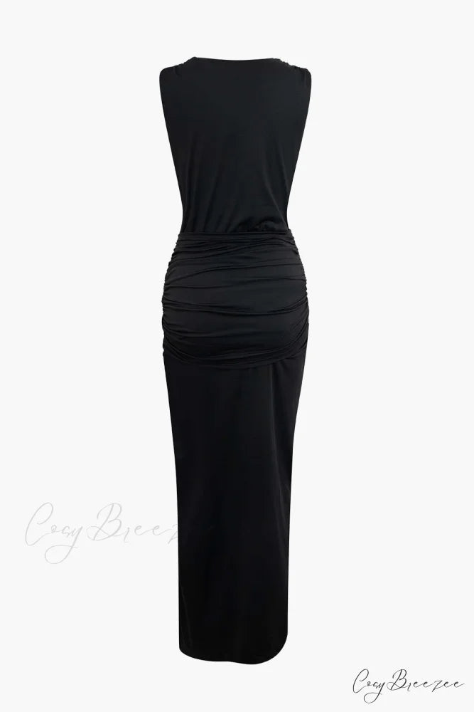 Wrap Ruched Slit Deep Graceful V-neck Sleeveless Maxi Dress