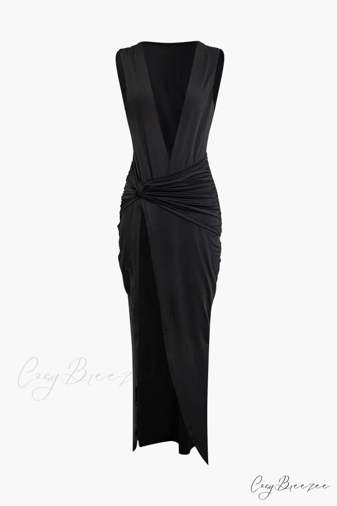 Wrap Ruched Slit Deep Graceful V-neck Sleeveless Maxi Dress BLACK / S