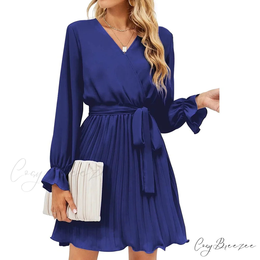 Wrap V Neck Pleated Long Sleeve Mini Dress for Women Navy Blue / S
