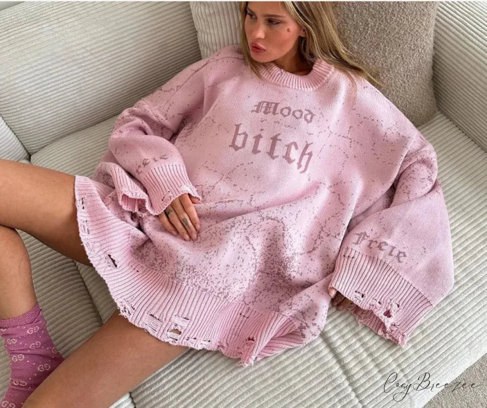 Y2K Baggy Ripped Knit Sweater light pink / One Size swraters-241228