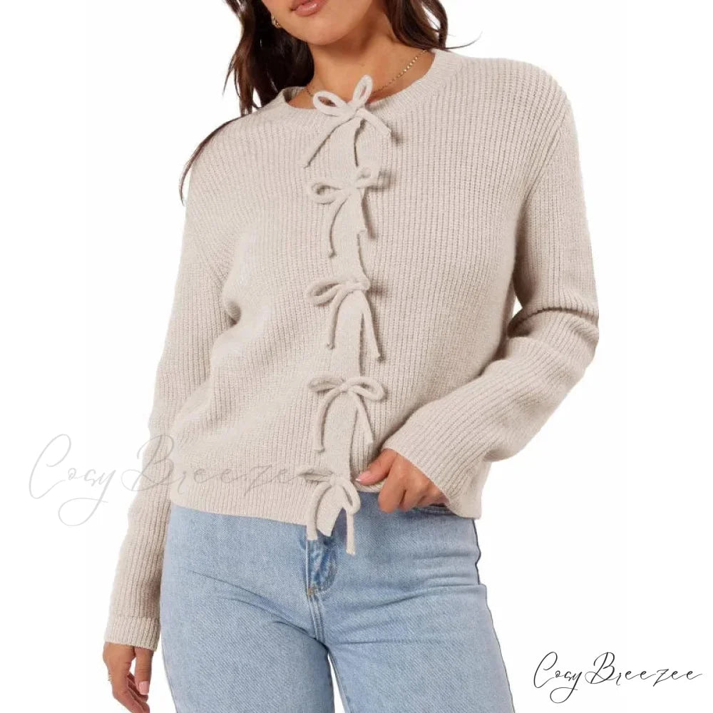 Y2K Bow Front Round Neck Cardigan beige / S
