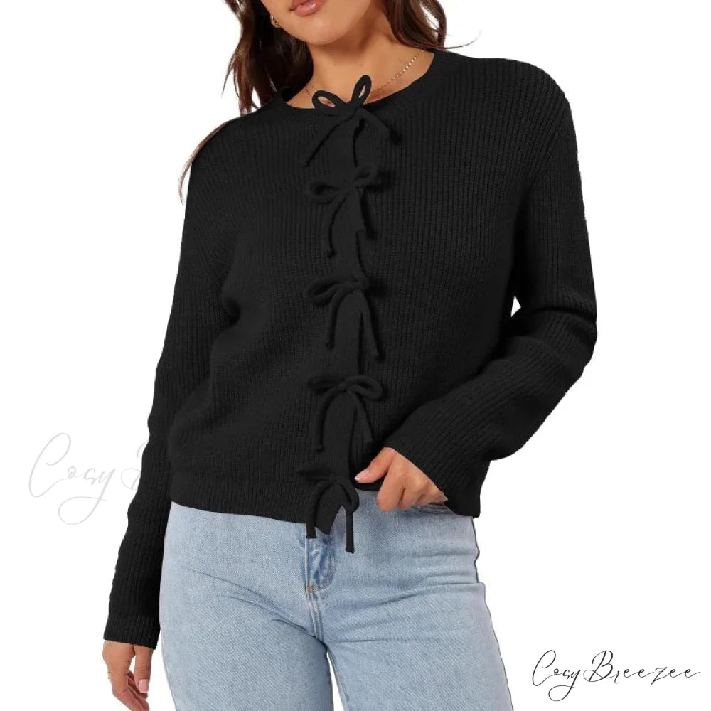 Y2K Bow Front Round Neck Cardigan black / S