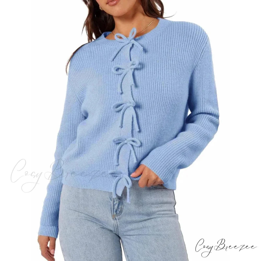 Y2K Bow Front Round Neck Cardigan blue / S