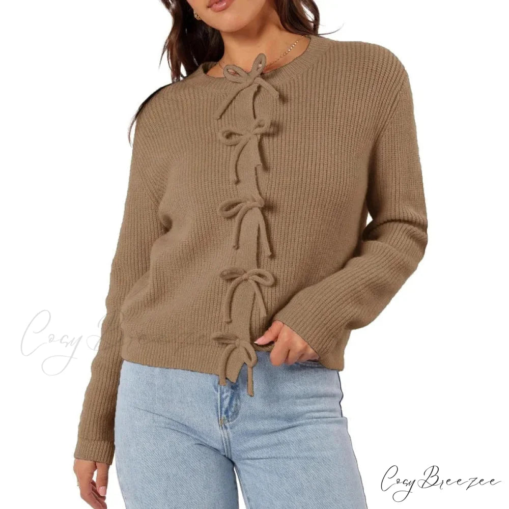 Y2K Bow Front Round Neck Cardigan brown / S