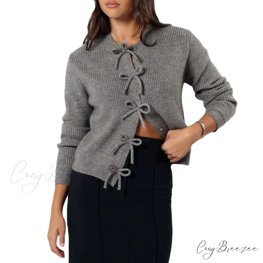 Y2K Bow Front Round Neck Cardigan gray / S
