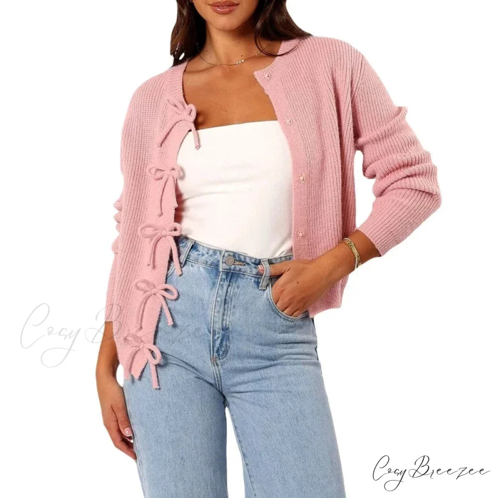 Y2K Bow Front Round Neck Cardigan pink / S