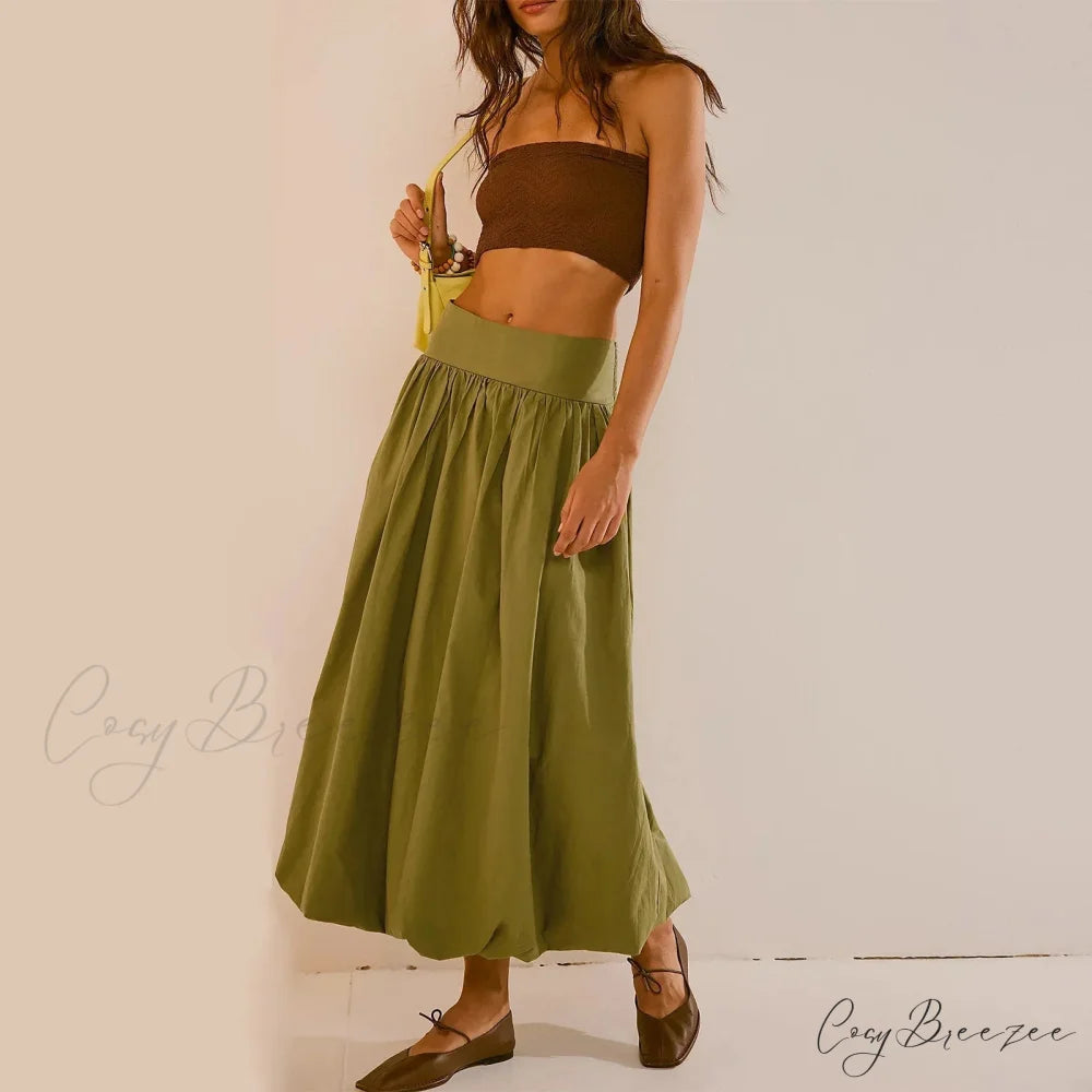 Y2K Bubble Maxi Color Ruffle Pleated Midi Skirt Green / S