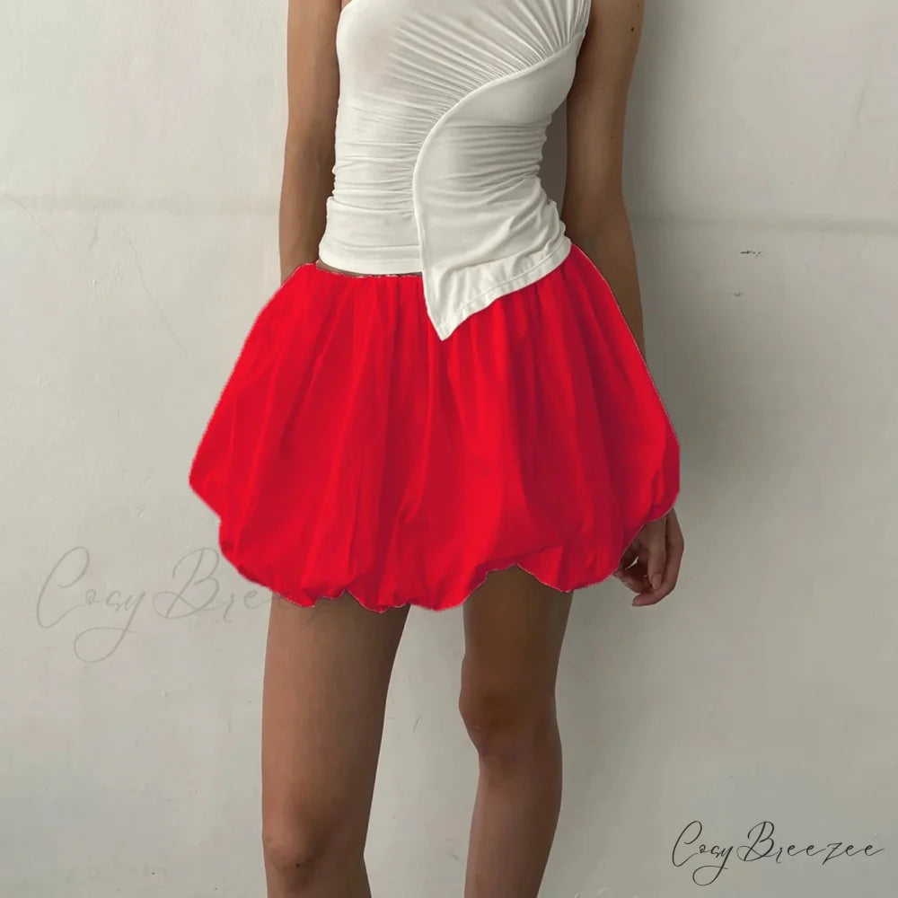 Y2K Bubble Pleated Hem A Line Mini Skirt red / S