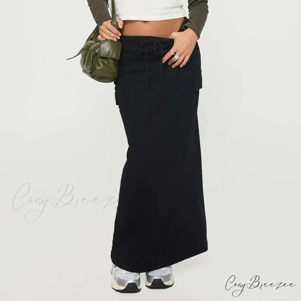 Y2K Cargo Drawstring Bodycon Slit Maxi Skirt