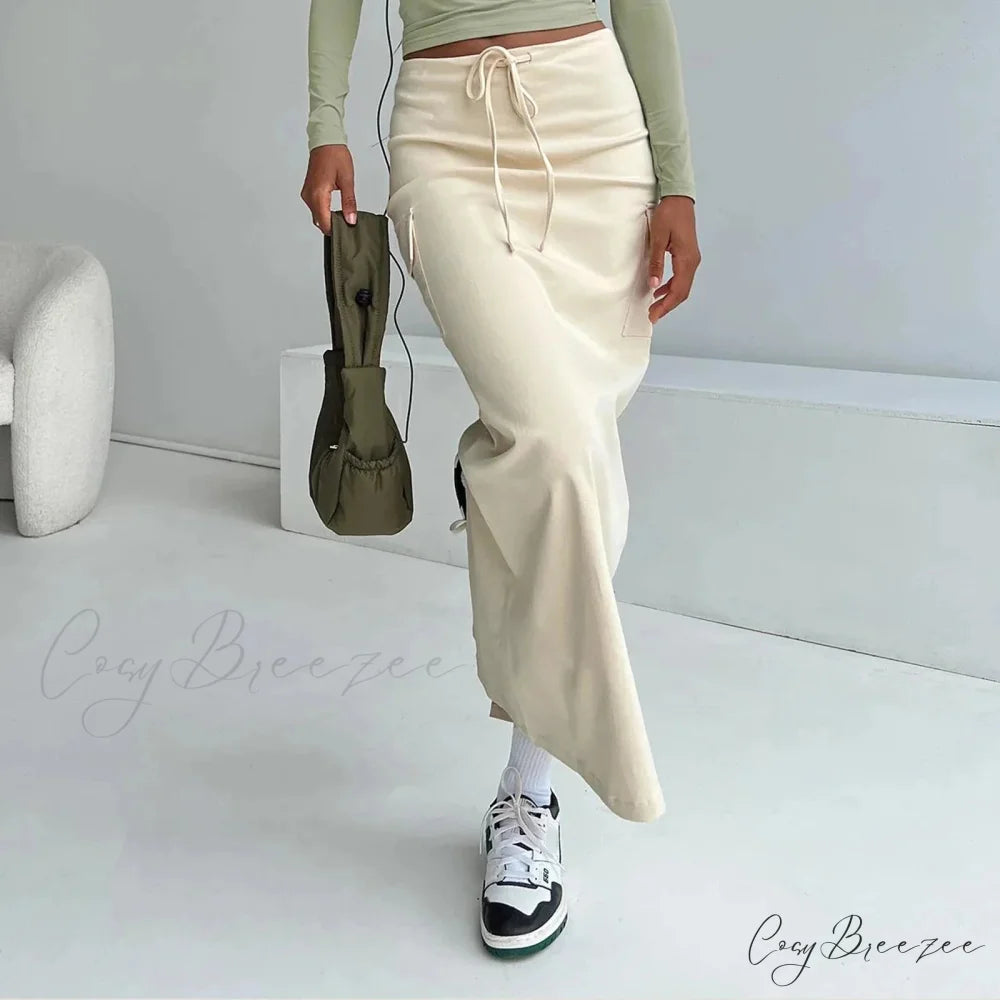 Y2K Cargo Drawstring Bodycon Slit Maxi Skirt