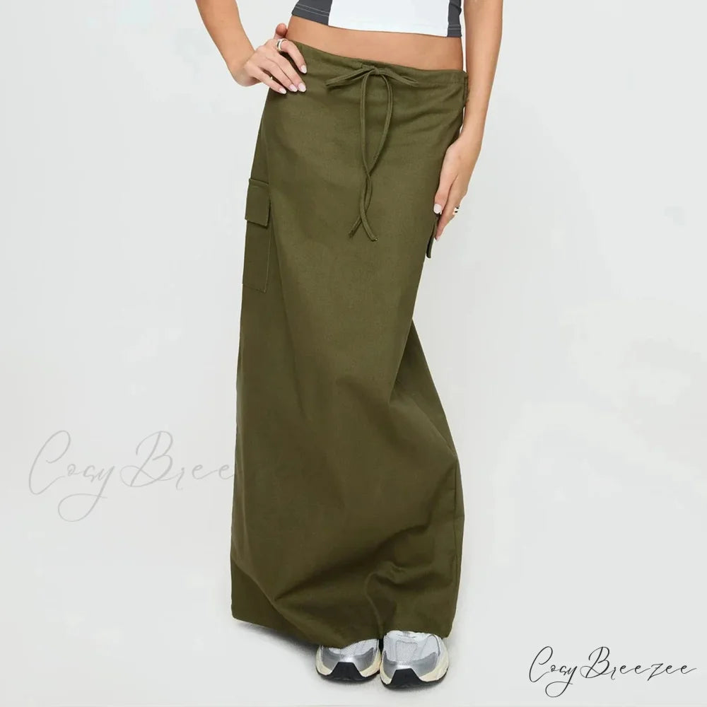 Y2K Cargo Drawstring Bodycon Slit Maxi Skirt army green / S