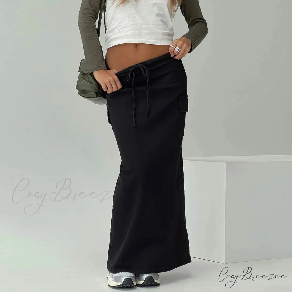 Y2K Cargo Drawstring Bodycon Slit Maxi Skirt Black / S