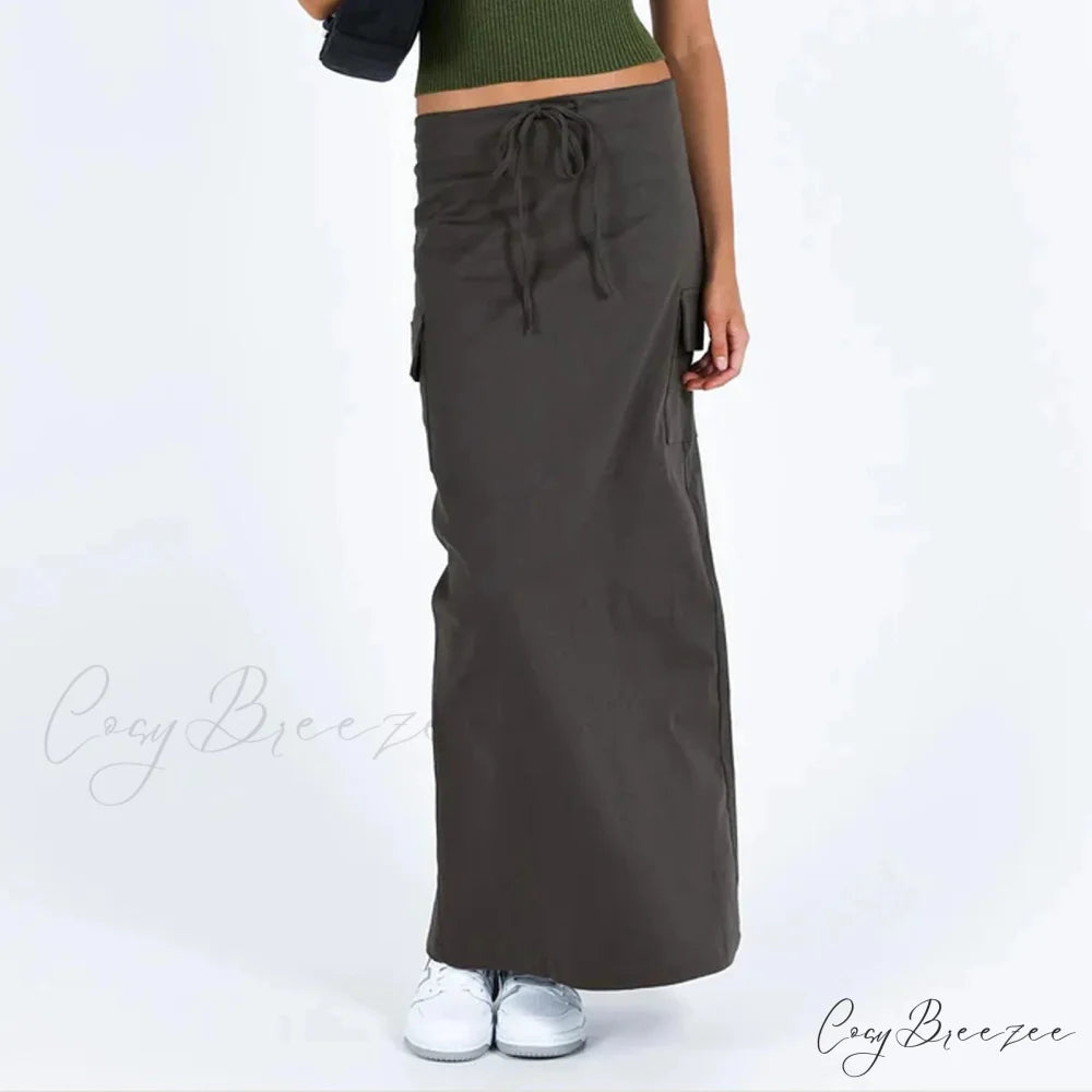 Y2K Cargo Drawstring Bodycon Slit Maxi Skirt Dark Grey / S