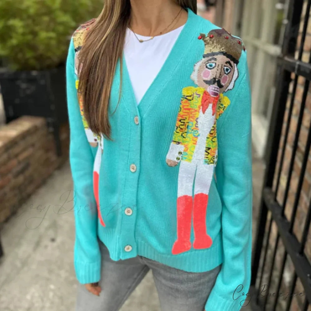 Y2K Cartoon Soldiers Sequin Cropped Cardigan blue / S