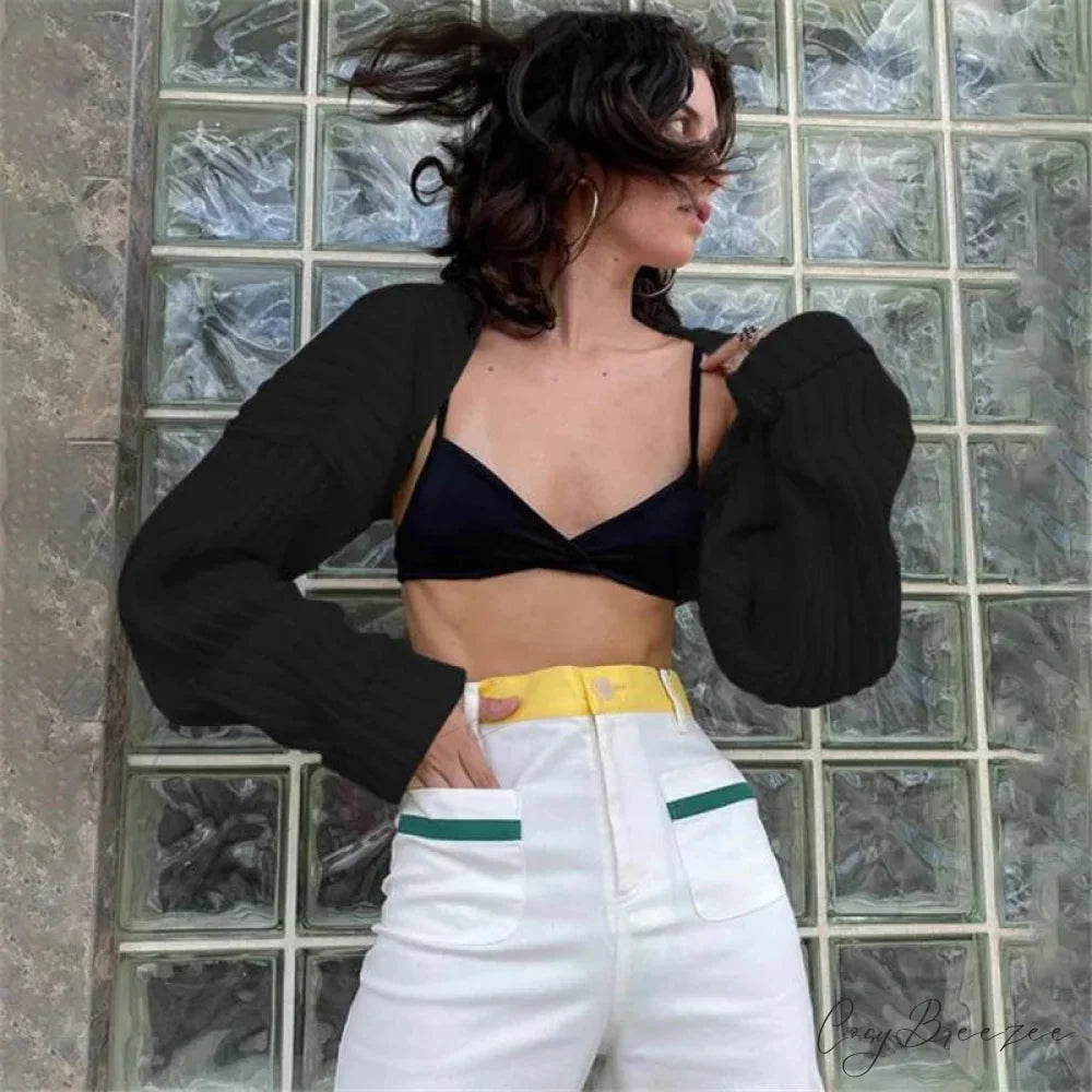 Y2K Drop Shoulder Crop Top Knit Cardigan Black / One Size cardigans-241228