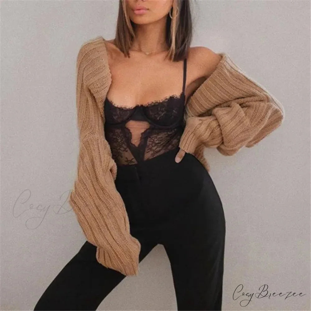 Y2K Drop Shoulder Crop Top Knit Cardigan Dark Khaki / One Size cardigans-241228