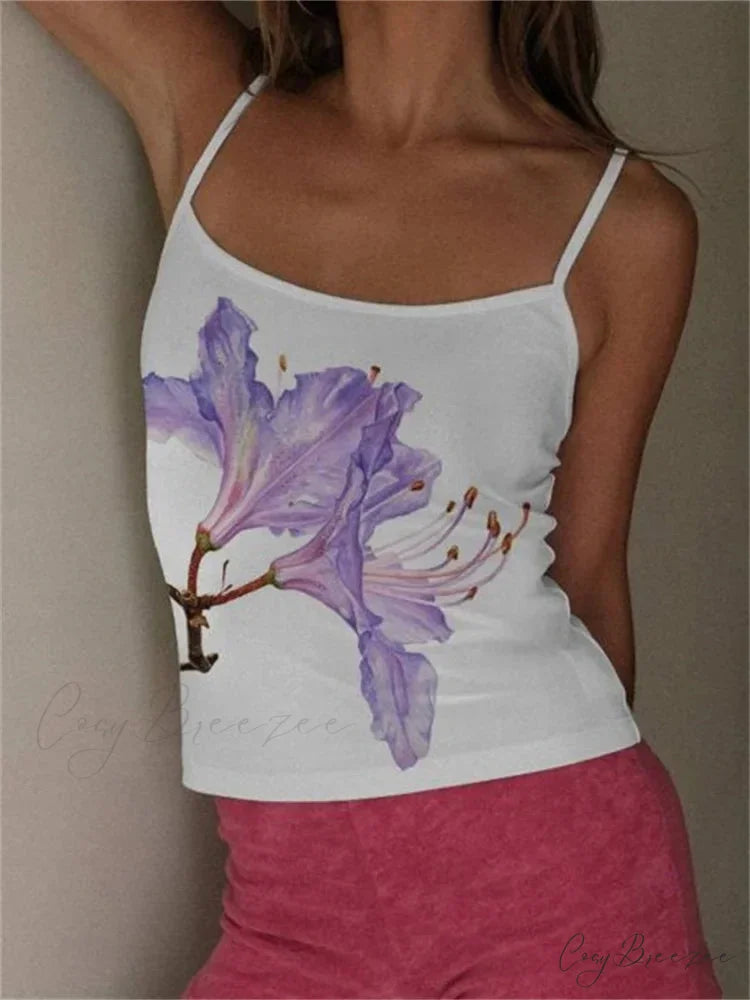 Y2K Floral Print Slim Strap Tank Crop Top WHITE5 / S croptop-250126