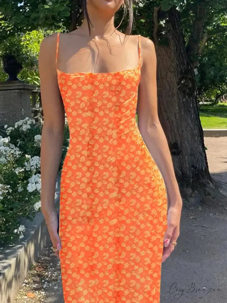 Y2K Floral Print Spaghetti Strap Backless Summer Dress ORANGE / S floraldress-250126